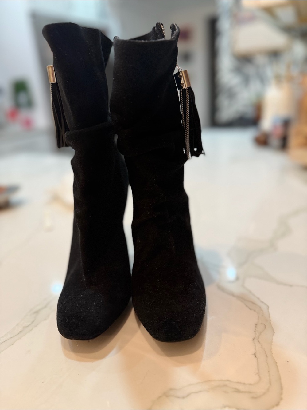 Michael Kors Black Suede Mid-Calf Boots with Tassel Accent